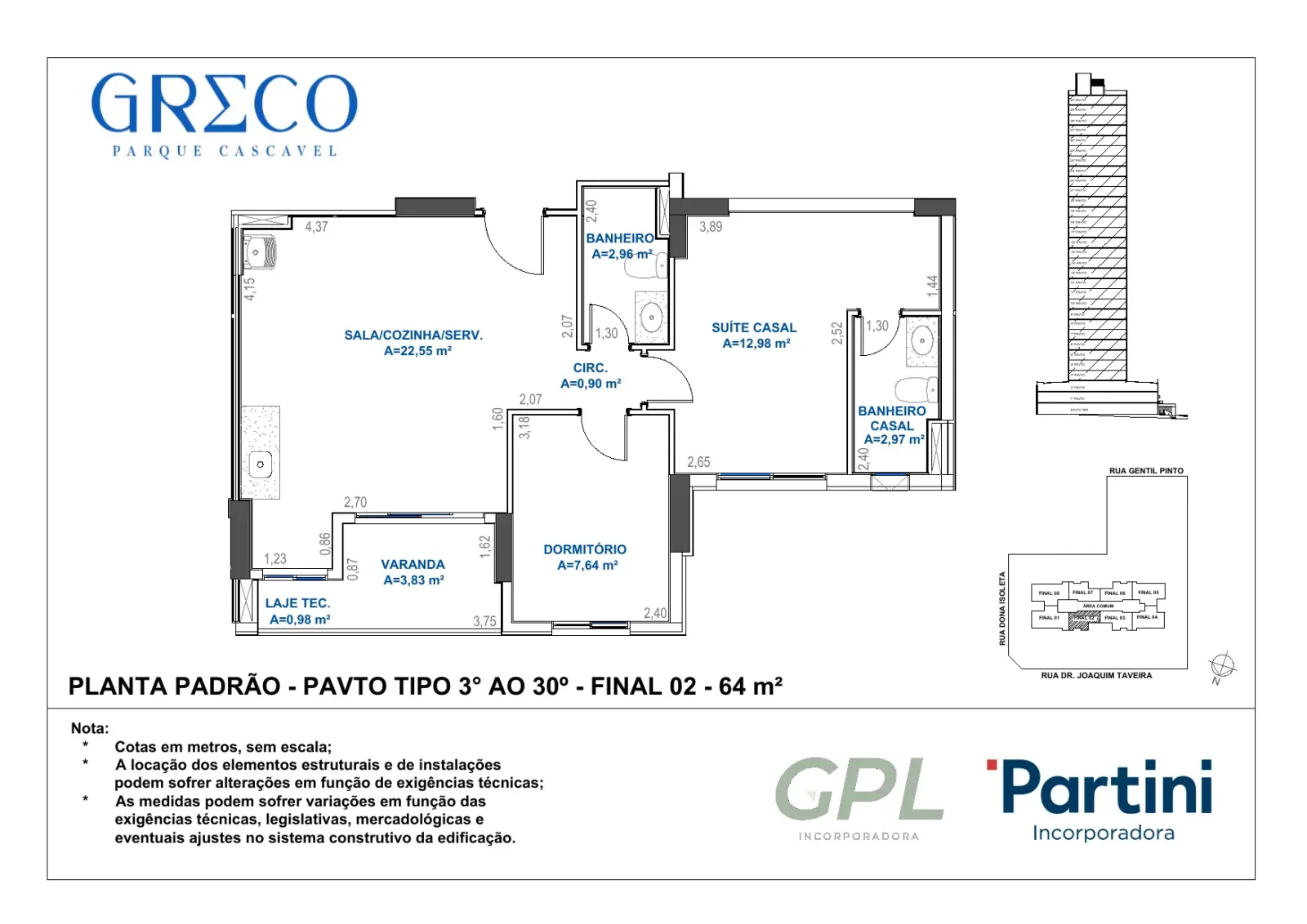 Apartamento de 2 quartos, sendo 1 suíte, com 64,18m² à venda no Greco Parque Cascavel - Alto do Parque Cascavel