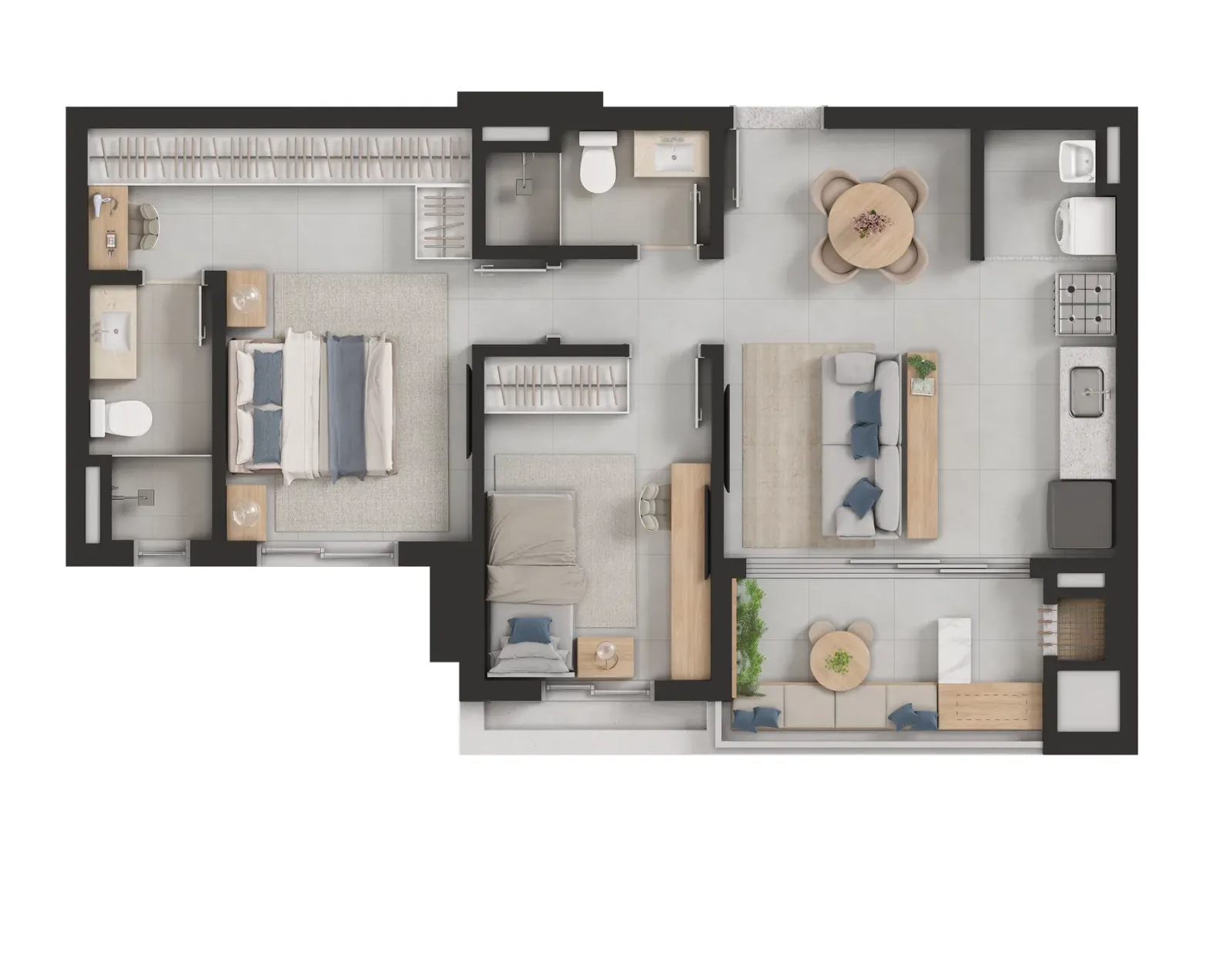 Apartamento de 2 quartos, sendo 1 suíte, com 66,06 a 66,61m² à venda no Trip World Home - Nova Suíça