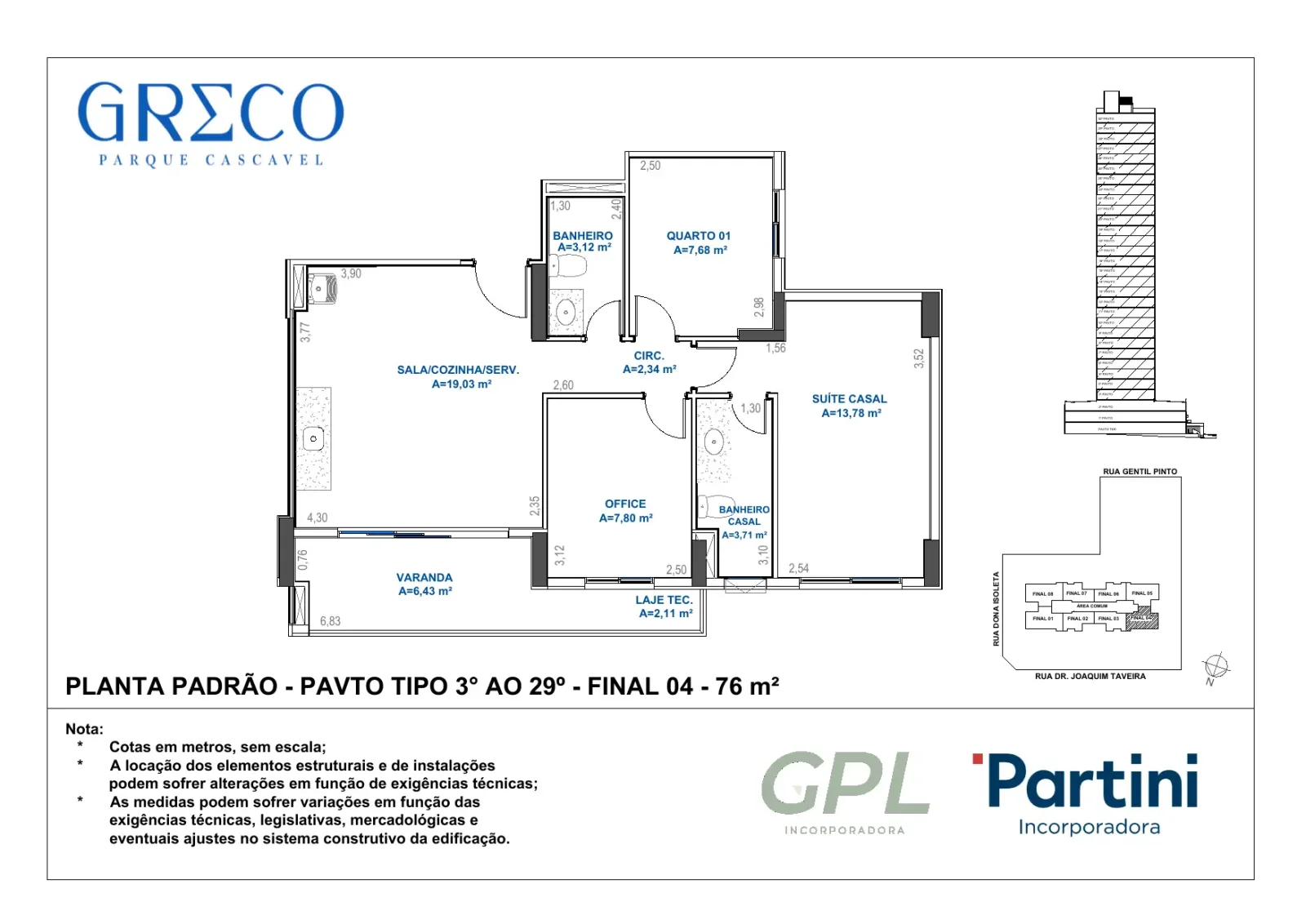 Apartamento de 3 quartos, sendo 1 suíte, com 76,7m² à venda no Greco Parque Cascavel - Alto do Parque Cascavel