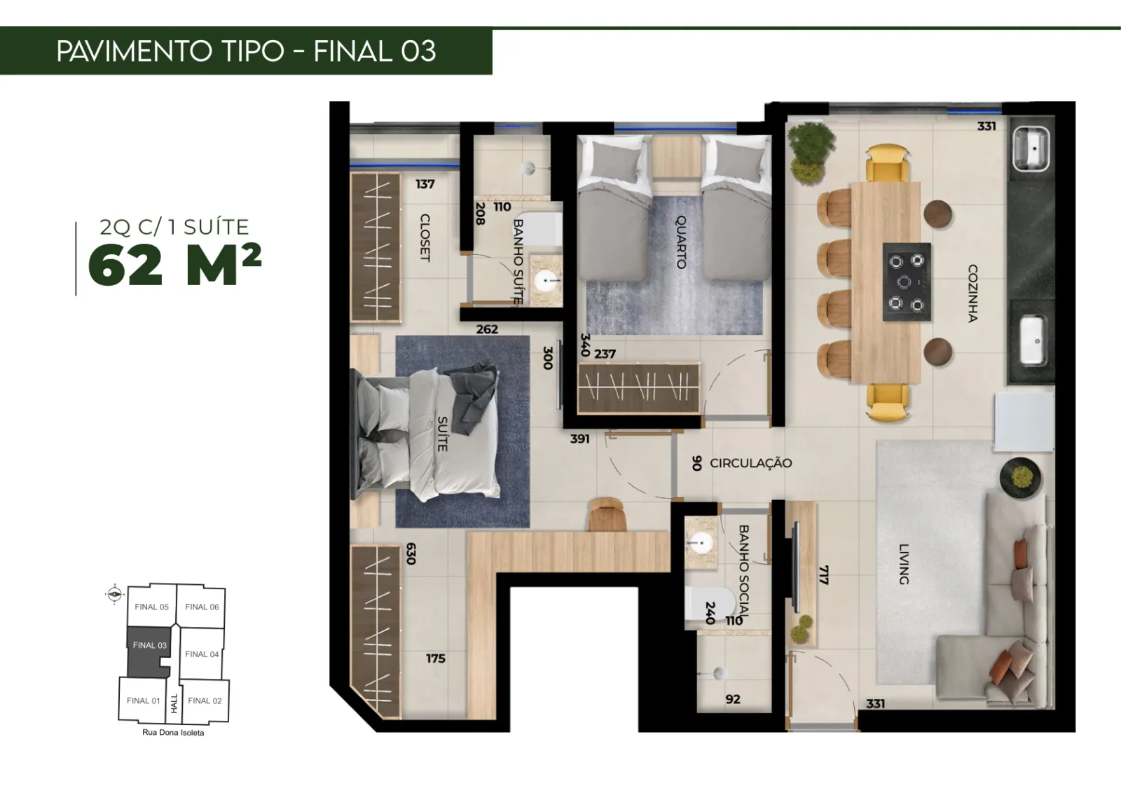 Planta ou imagem da tipologia Apartamento de 1 suíte com 62,6m² à venda no Reserva do Parque - Vila Rosa do Reserva do Parque