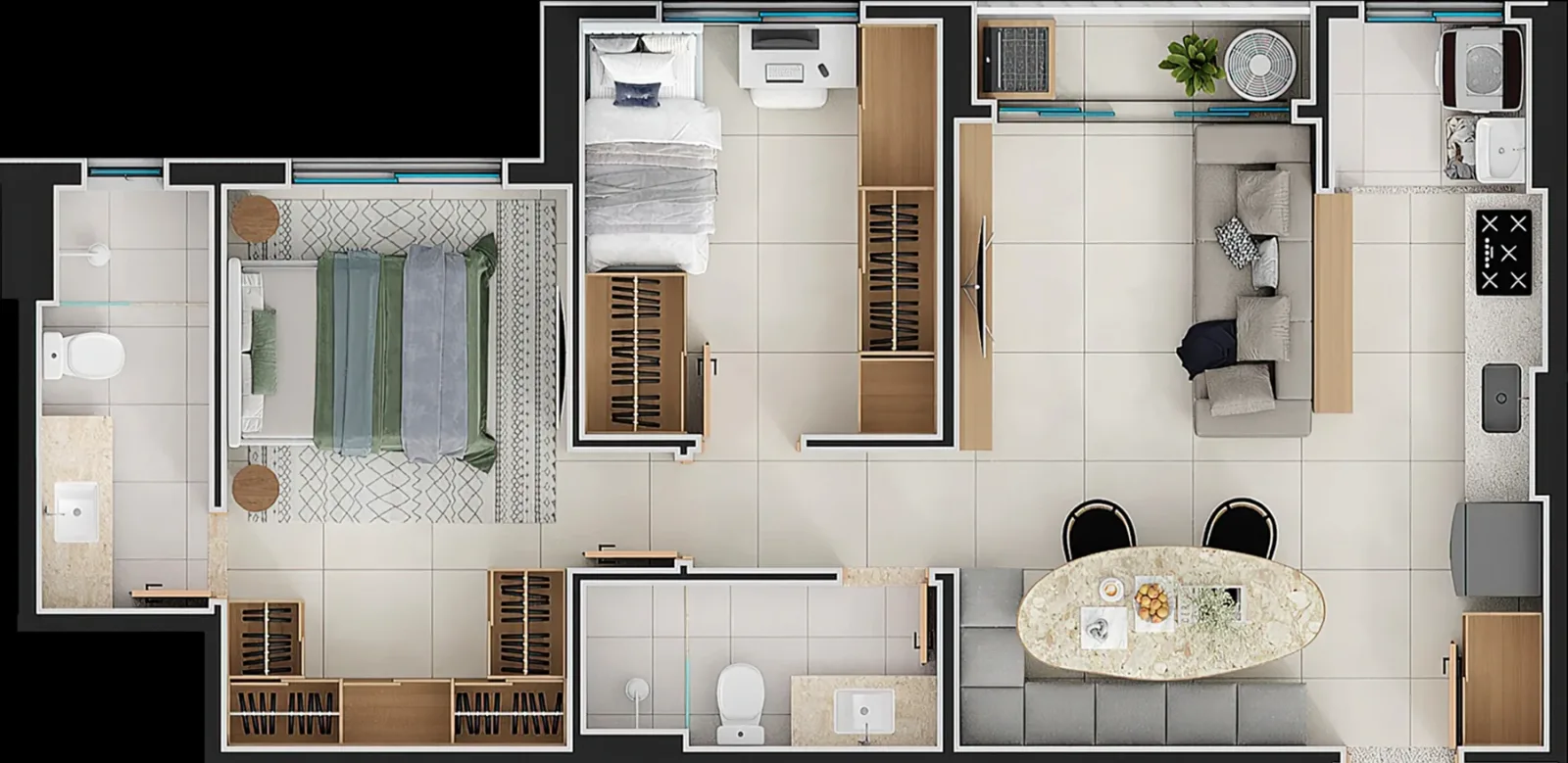 Planta ou imagem da tipologia Apartamento de 1 suíte com 65,28m² à venda no Aurora Lago das Rosas - Setor Oeste do Aurora Lago das Rosas