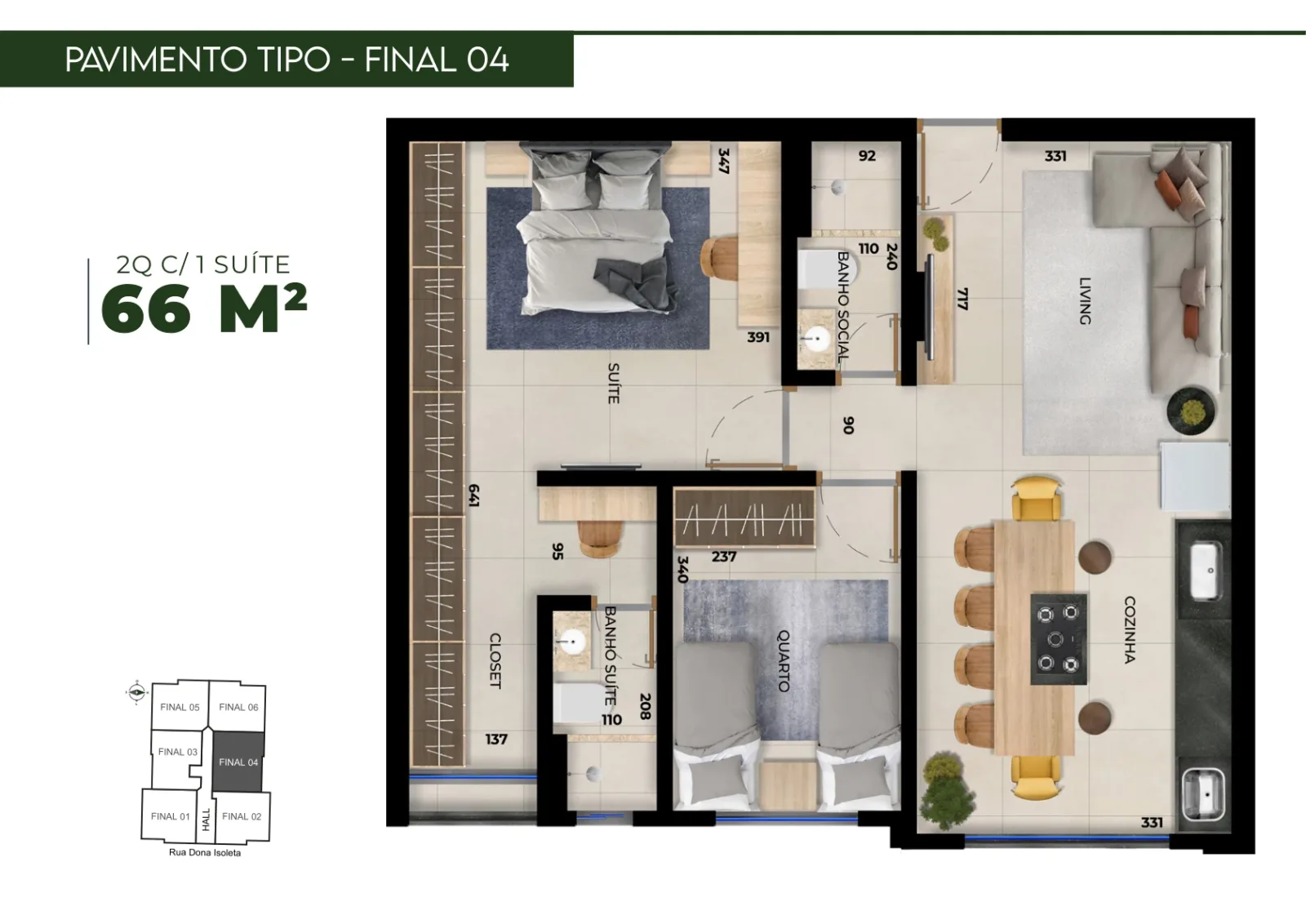 Planta ou imagem da tipologia Apartamento de 1 suíte com 66,01m² à venda no Reserva do Parque - Vila Rosa do Reserva do Parque
