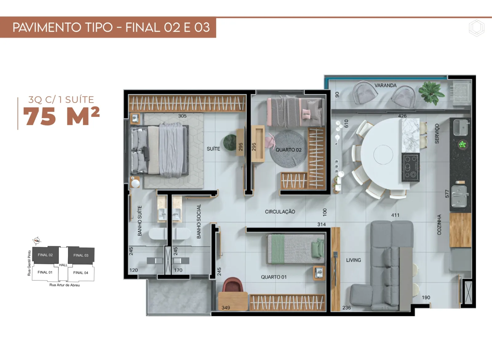 Planta ou imagem da tipologia Apartamento de 1 suíte com 75,11m² à venda no Vértice Residence - Vila Rosa do Vértice Residence