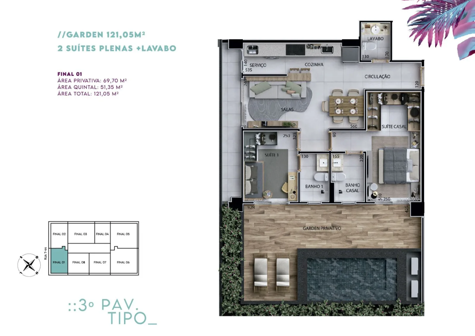Planta ou imagem da tipologia Apartamento Garden de 2 suítes com 121,05m² à venda no Urban Garden Residence - Setor Bueno do Urban Garden Residence