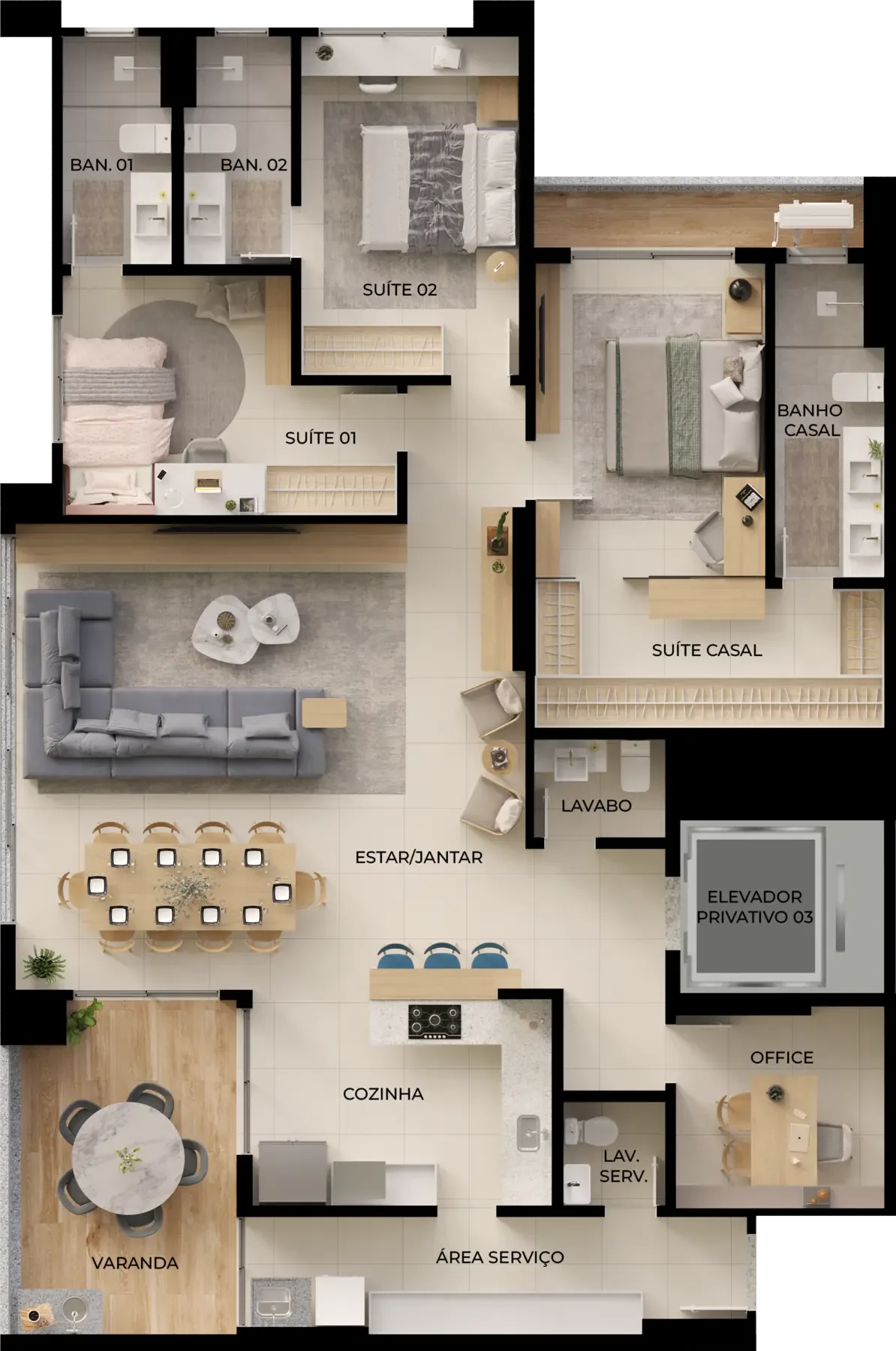 Planta ou imagem da tipologia Apartamento de 2 suítes com 157,32m² à venda no Alma Home Senses - Setor Oeste do Alma Home Senses