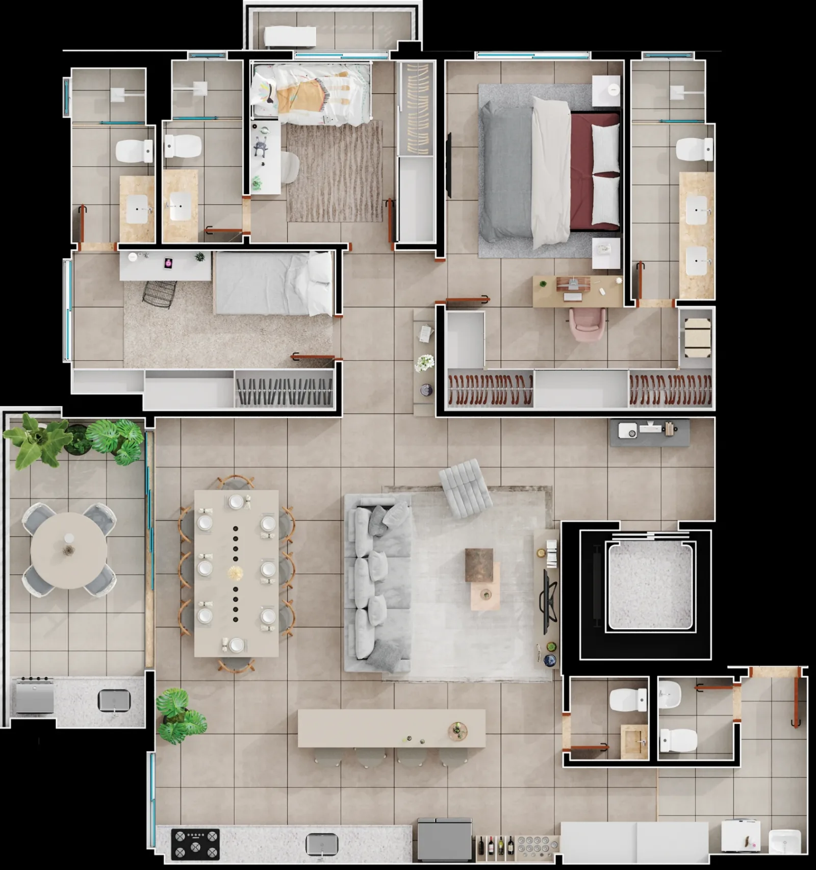 Planta ou imagem da tipologia Apartamento de 3 suítes com 140,5m² à venda no Lago Areião - Setor Pedro Ludovico do Lago Areião