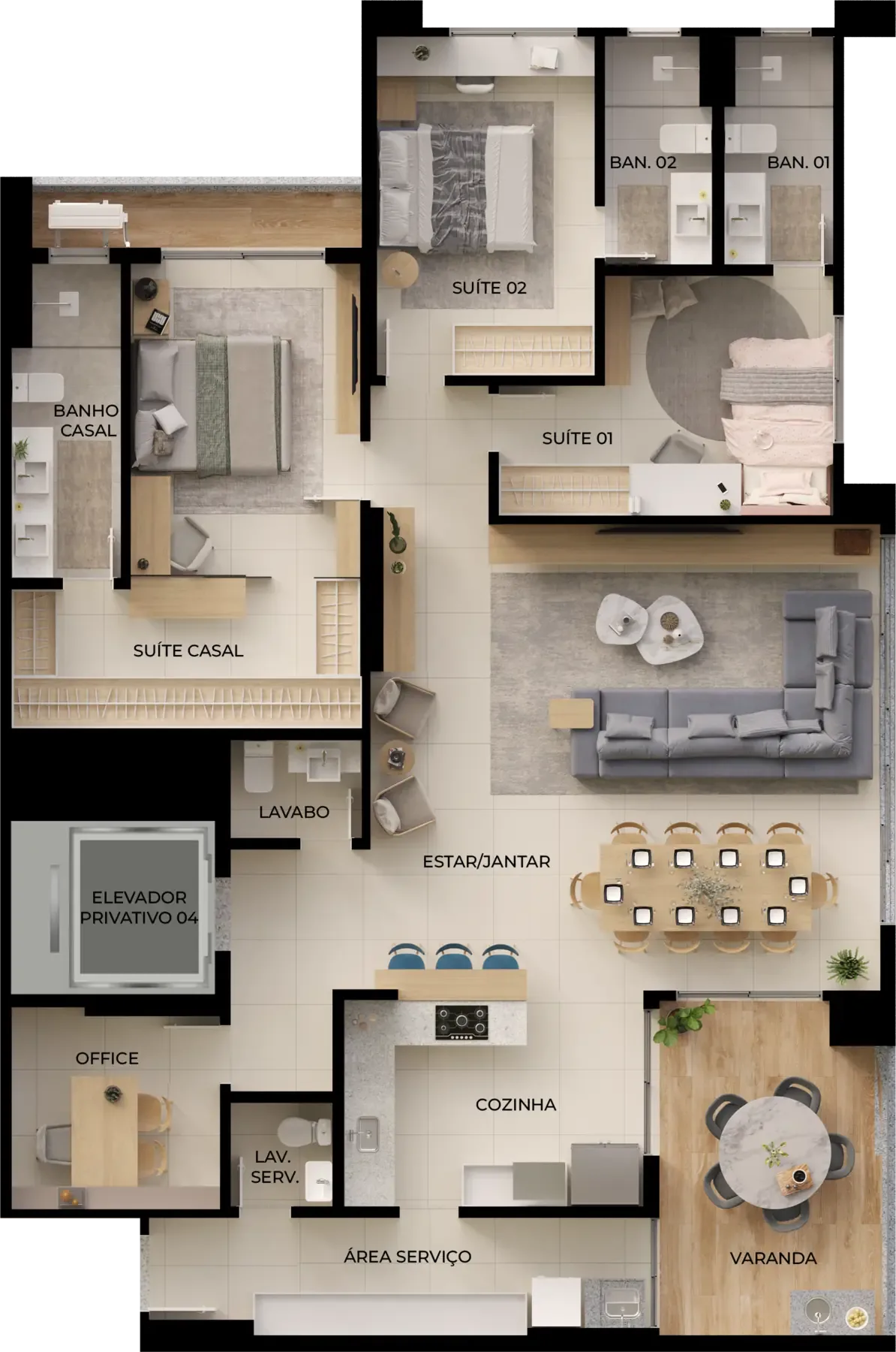 Planta ou imagem da tipologia Apartamento de 3 suítes com 160,92 a 163,12m² à venda no Alma Home Senses - Setor Oeste do Alma Home Senses