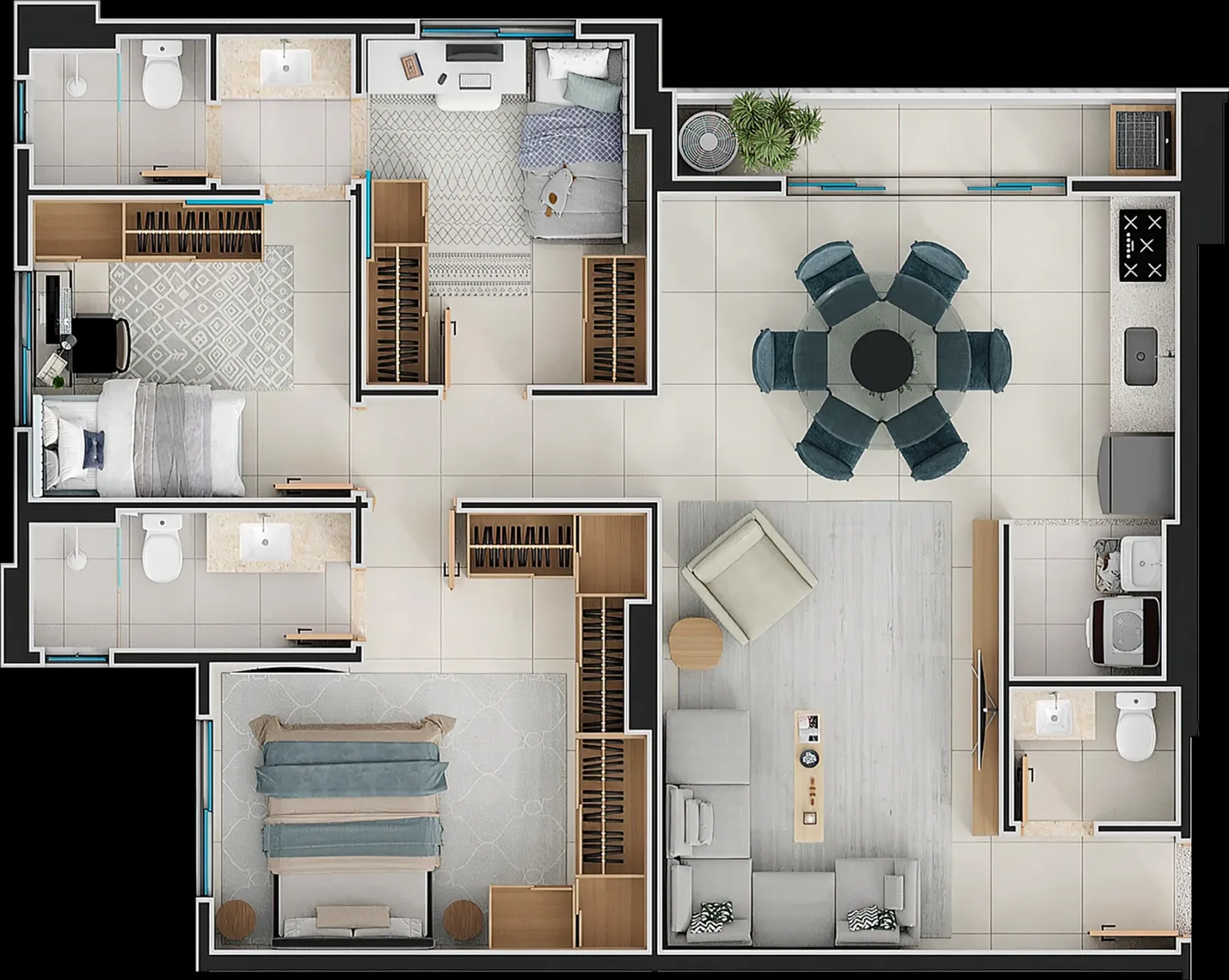Planta ou imagem da tipologia Apartamento de 3 suítes com 87,59m² à venda no Aurora Lago das Rosas - Setor Oeste do Aurora Lago das Rosas