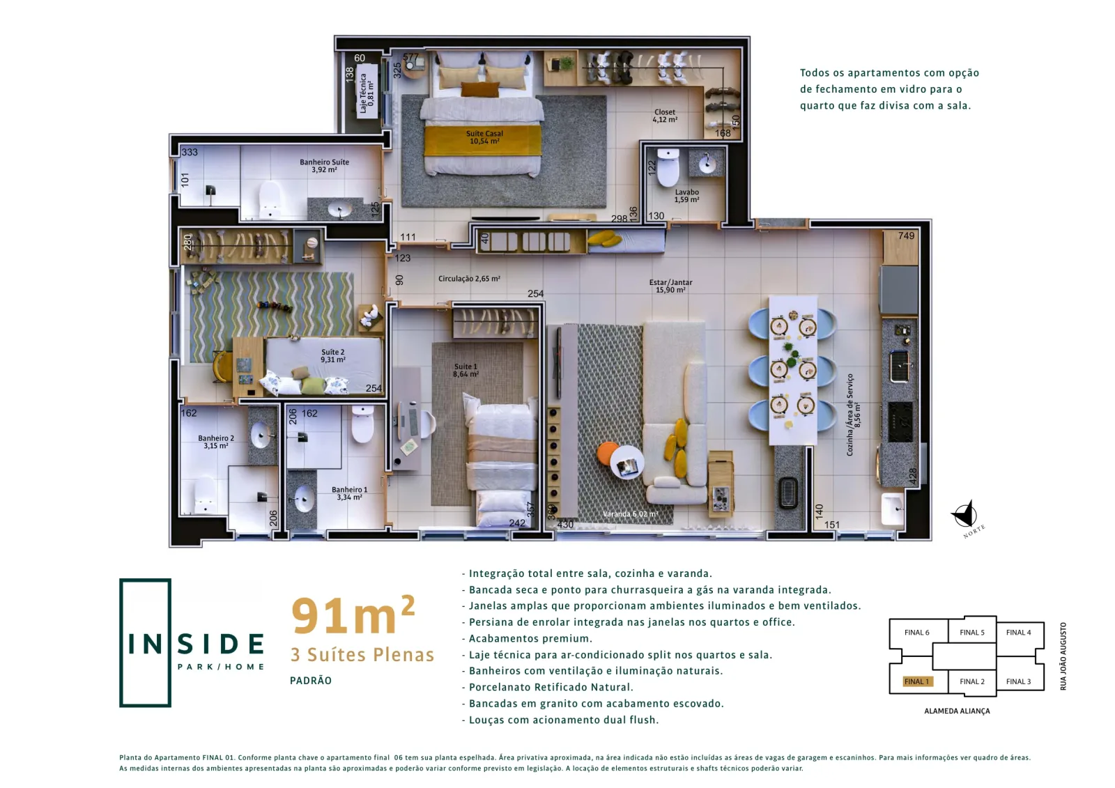Planta ou imagem da tipologia Apartamento de 3 suítes com 91,03 m² à venda no Inside Park Home - Vila Rosa do Inside Park Home