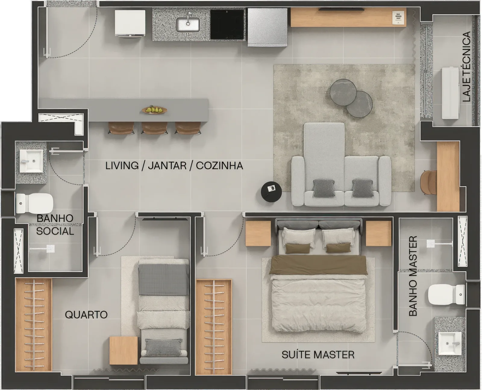 Planta ou imagem da tipologia Apartamento de 2 quartos e 1 suíte com 56,64 m² à venda no City Code Areião - Setor Marista do City Code Areião