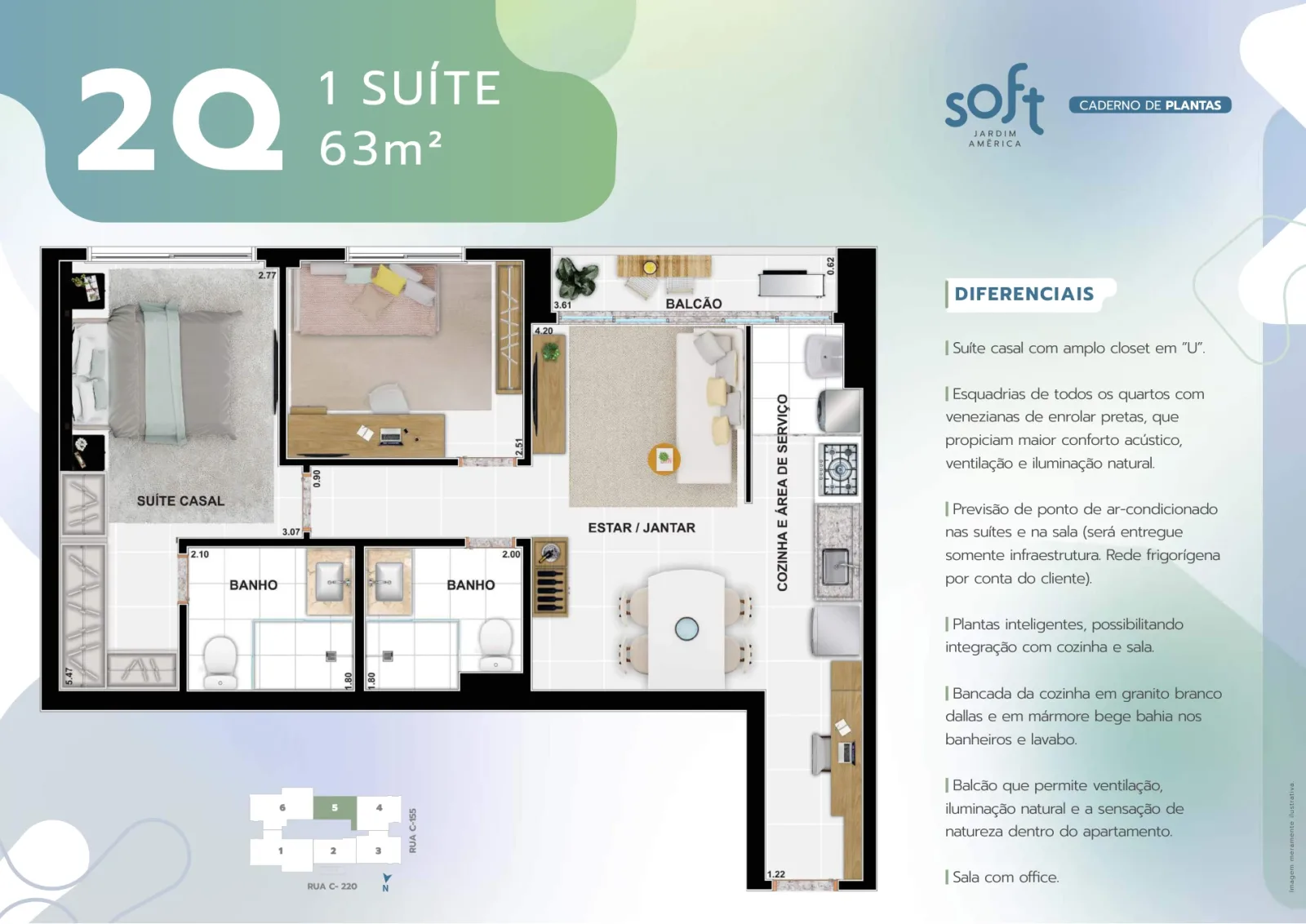 Apartamento de 2 quartos com 1 suíte com 63,91m² à venda no Soft Jardim América - Jardim América
