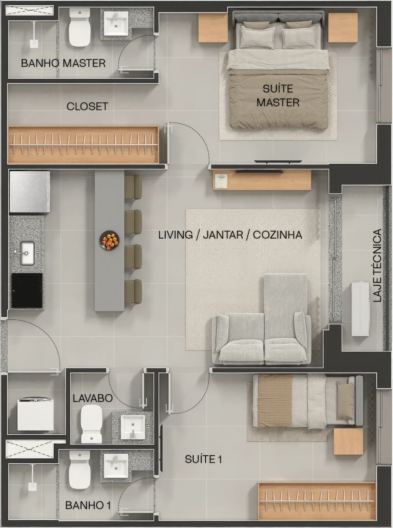 Planta ou imagem da tipologia Apartamento de 2 suítes com 58,36 m² à venda no City Code Areião - Setor Marista do City Code Areião