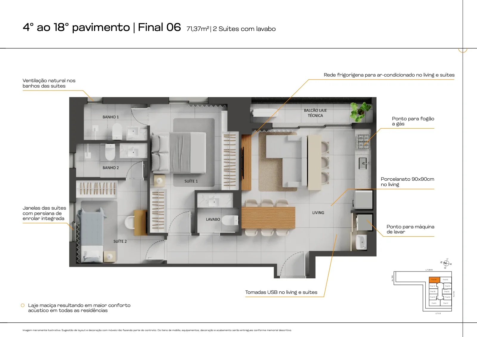 Apartamento de 2 suítes com 71,37 m² à venda no B.Side by City - Setor Marista — miniatura da foto 7