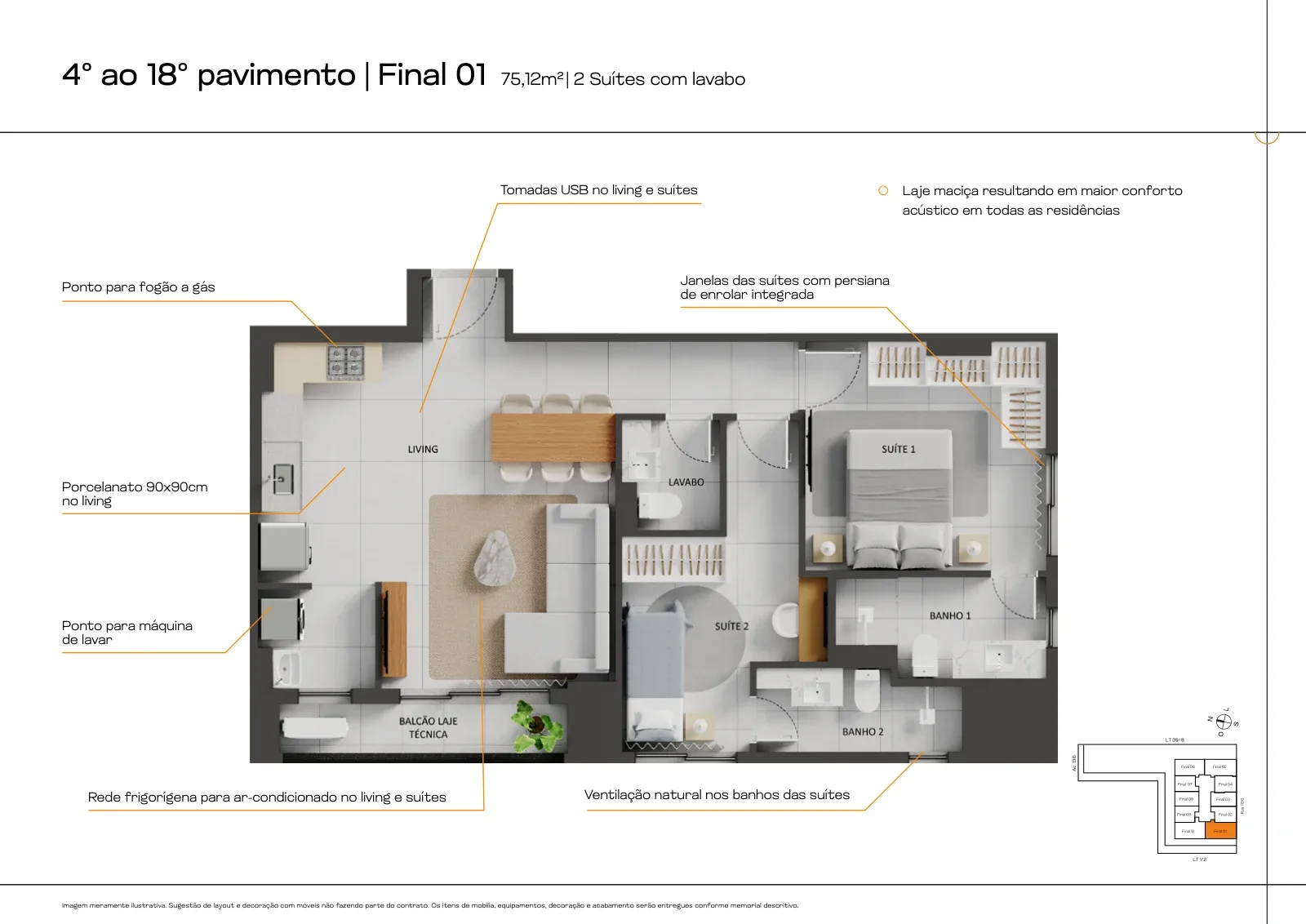 Apartamento de 2 suítes com 75,12 m² à venda no B.Side by City - Setor Marista — miniatura da foto 7