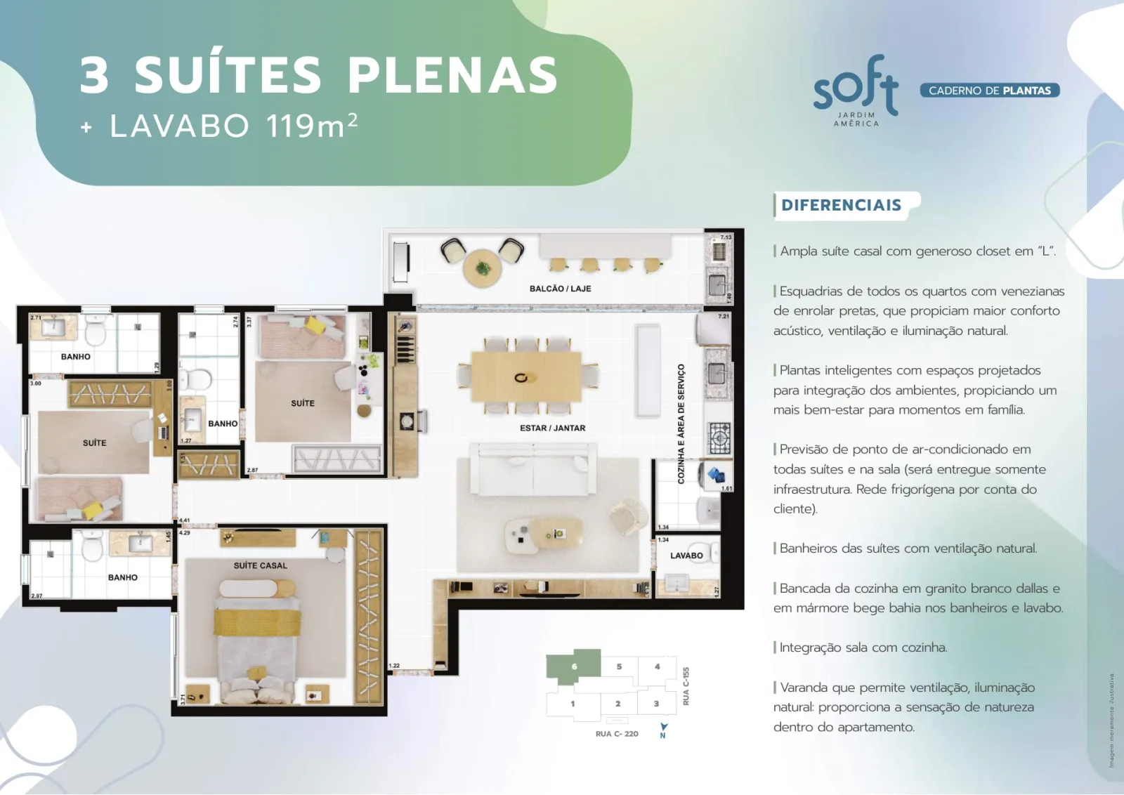 Apartamento de 3 suítes plenas com 119,15m² à venda no Soft Jardim América - Jardim América