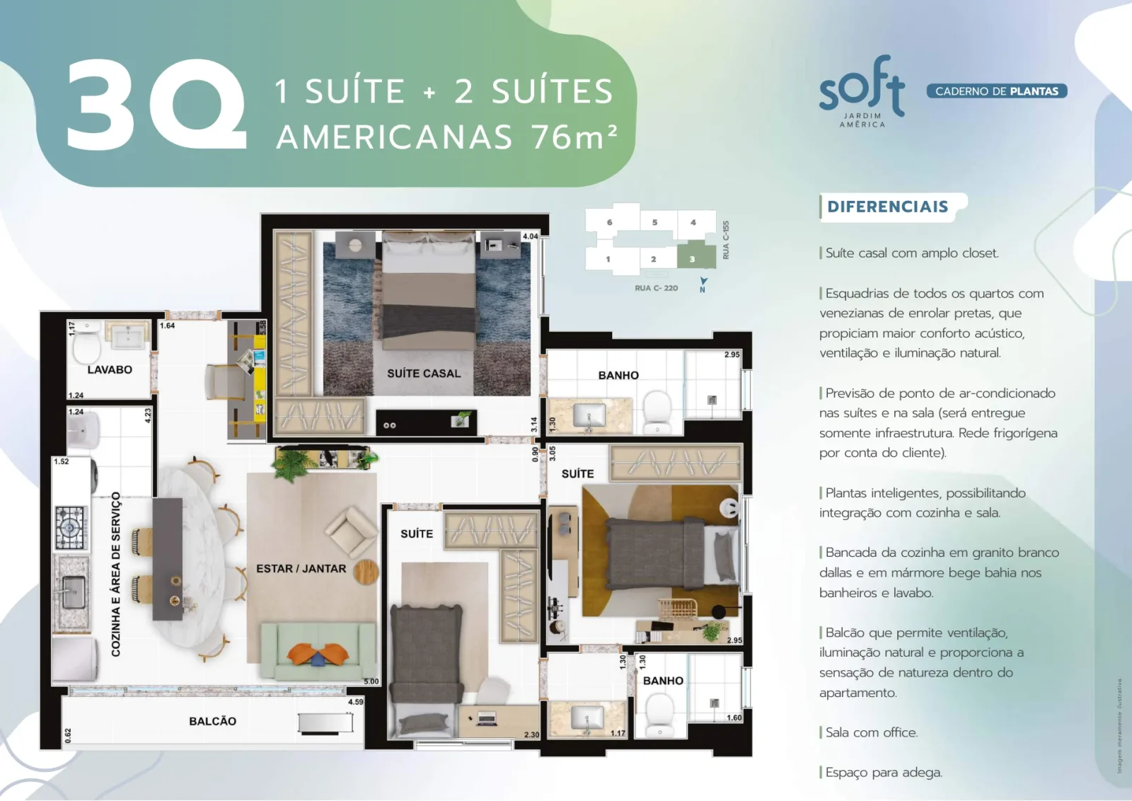 Apartamento de 3 quartos, sendo 1 suíte plena e 2 americanas com 76,83m² à venda no Soft Jardim América - Jardim América