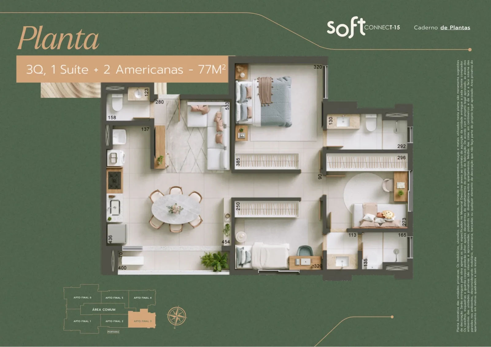 Apartamento de 3 quartos, sendo 1 suíte plena e 2 americanas com 77,12m² à venda no Soft Connect 15 - Parque Amazônia